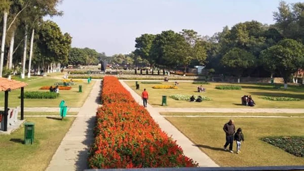Layered lawns and fountains at the Terraced Garden, near Hotel The Black Gold Chandigarh